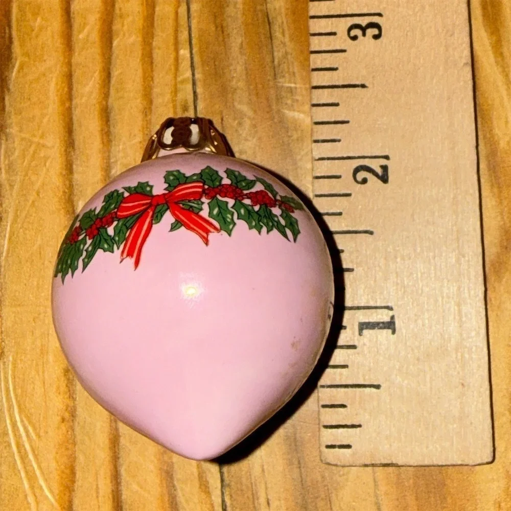 Vintage Pink Glass Teardrop Christmas Ornament Holly Berry Garland Red Bow